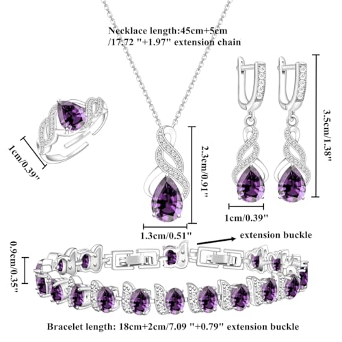 LMXXVJ Jewelry Set for Women,Teardrop Cubic Zirconia Necklace Earrings Adjustable Ring Bracelet Jewelry Set Formal Jewelry Gift - color: MHSD-White Gold-Purple