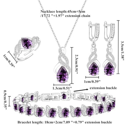 LMXXVJ Jewelry Set for Women,Teardrop Cubic Zirconia Necklace Earrings Adjustable Ring Bracelet Jewelry Set Formal Jewelry Gift - color: MHSD-White Gold-Purple