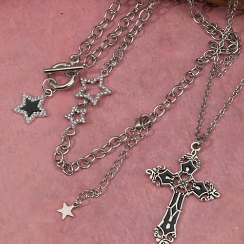 Gothic Necklaces for Women Cross Heart Pendant Layered Necklace Statement Jewelry Dark Romantic Gift for Halloween Parties - color: C1:y2k necklace