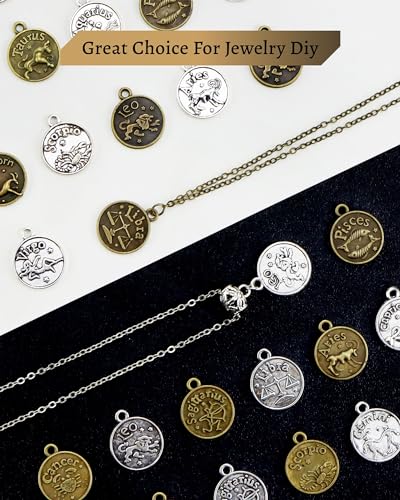 DIY Zodiac Charm Set, 48 Count 4 Sets Antique Tibetan Silver and Bronze Round Zodiac Sign Charms Constellation Pendants for Necklace Bracelet Jewelry Making and Crafting