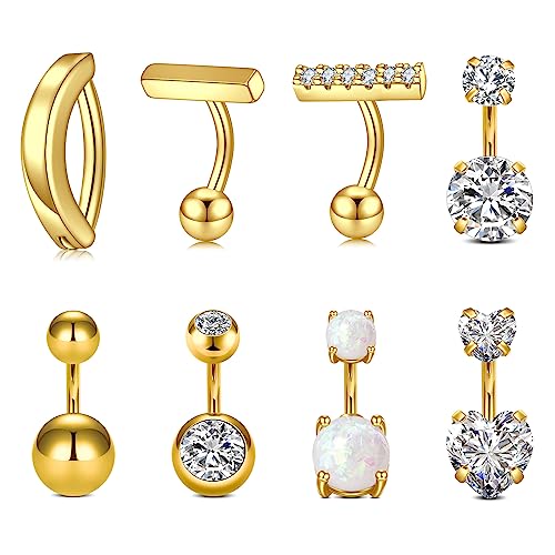 Longita Belly Button Rings Short Bar for Women Stainless Steel Belly Ring Navel Piercing Jewelry 14g Colorful Ball Pack 6mm 1/4” 8mm 5/16“ 10mm - color: A12-8P-short gold