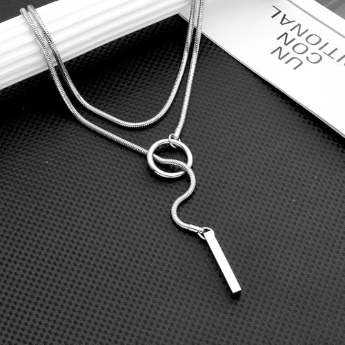 Slip Chain Necklaces for Women Stainless Steel Bar Pendant Choker Necklace Boho Handmade Long Lariat Necklace Silver Statement Punk Rock Collar Jewelry - style: Layering