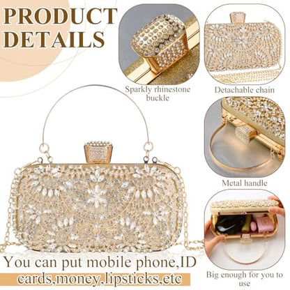 Quelay 4 Pcs Purse Rhinestone Jewelry Set Women | Wedding Bridal Prom Jewelry Sparkly Clutch Handbag with Necklace Bracelet Dangle Earrings Shiny Costume Kit - color: Champagne, style: Luxurious