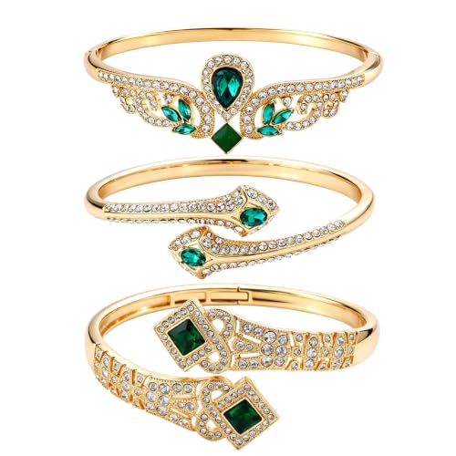 3 Pack Vintage Series Gold Bangle Bracelet Set for Women Stackable Jewelry | 18K Gold Plated Non Tarnish Waterproof Vintage jewelry Long Lasting Luster Fade Resistant Fits Most Wrists - color: Emerald Set