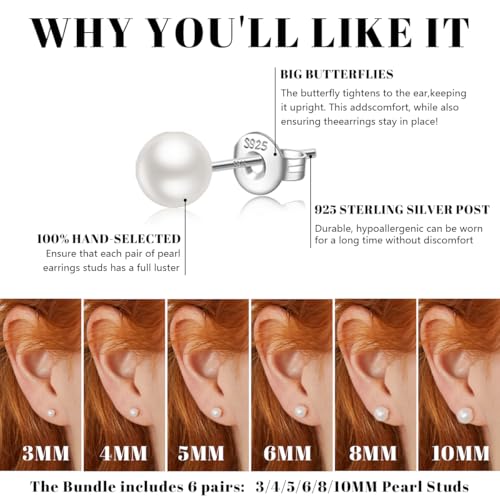 JEMARA Sterling Silver Stud Earrings for Women Pearl Earrings Non Tarnish | Hypoallergenic 925 Sterling Silver Pearl Cubic Zirconia Studs Set Trendy Earrings for Sensitive Ears 6 Pairs - color: 6Pairs Pearl-Silver