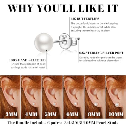 JEMARA Sterling Silver Stud Earrings for Women Pearl Earrings Non Tarnish | Hypoallergenic 925 Sterling Silver Pearl Cubic Zirconia Studs Set Trendy Earrings for Sensitive Ears 6 Pairs - color: 6Pairs Pearl-Silver
