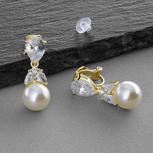Mariell Clip-On Pearl Drop Bridal Earrings with Cubic Zirconia Crystals and Ivory Pearls For Brides, Bridesmaids, Weddings, Jewelry Gift for Women - color: Gold