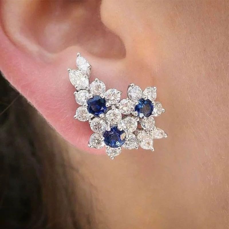 Exquisite Flower Blue Synthetic Gemstone Climber Stud Earrings for Women Wedding Party Earrings Jewelry - color: Silver