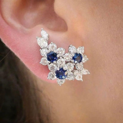 Exquisite Flower Blue Synthetic Gemstone Climber Stud Earrings for Women Wedding Party Earrings Jewelry - color: Silver