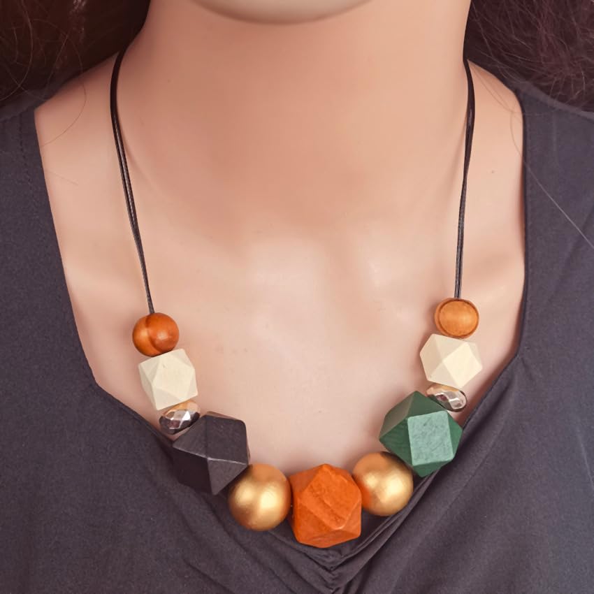Boho Wooden Beaded Statement Necklace for Women, Geometric Chunky Wood Pendant Necklace, Tribal Ethnic Natural Fashion Jewelry for Vacation