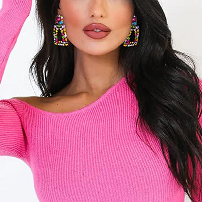 Flyonce Rectangle Clip-on Drop Earrings for Women, Sparkly Rhinestone Crystal Geometric Statement Non Pierced Earring Wedding Prom Party Jewelry for Brides Bridesmaid - color: Multicolor Black-Tone