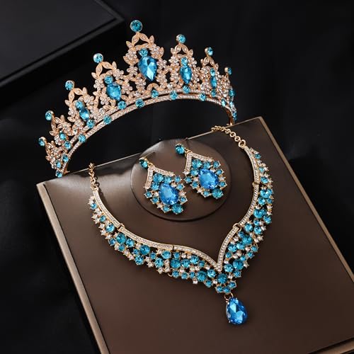 Crowns and Tiaras jewelry sets for Wedding princess birthday party Halloween Prom Pageant Jewelry for Women Crystal Bridal Jewelry Set for women - color: Golden lake blue
