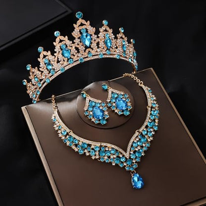 Crowns and Tiaras jewelry sets for Wedding princess birthday party Halloween Prom Pageant Jewelry for Women Crystal Bridal Jewelry Set for women - color: Golden lake blue