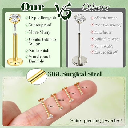 16G 18G 12Pcs Flat Back Stud Earrings 316L Surgical Steel Internally Threaded Stud for Women Tragus Labret Monroe Cartilage Helix Conch Studs Hypoallergenic Nose Stud Piercing Jewelry - color: Gold, size: 16G