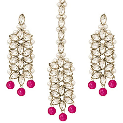Aheli Wedding Party Wear Bridal Jewellery Choker Long Pearl Necklace Earrings Maang Tikka Indian Traditional Set Gift for Women - color: Rani Pink 1