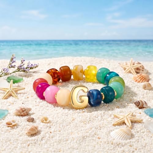 Bubble Initial Chunky Beaded Bracelet for Women Colorful Resin Bead Trendy Statement Big Stretch Bracelets Summer Beach Boho Charm Jewelry Cute Gifts for Women - color: Initial G