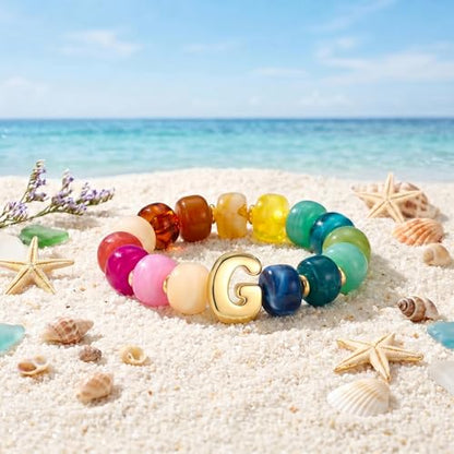 Bubble Initial Chunky Beaded Bracelet for Women Colorful Resin Bead Trendy Statement Big Stretch Bracelets Summer Beach Boho Charm Jewelry Cute Gifts for Women - color: Initial G
