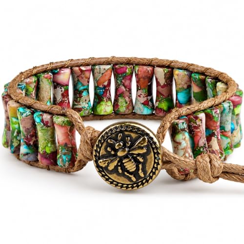 MOINSPIRE Boho Beaded Bracelets for Women - Adjustable Handmade Wrap Bracelet with Tube Natural Stone Beads, Colorful Beaded Strap Bohemian Jewelry Braided for Birthday Gifts - color: Colorful