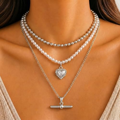 Layered Necklaces for Women Pearl Necklace Stack Gold T Bar Necklace Set Dainty Heart Pendant Jewelry Trendy 2026 Fashion Accessories Gifts - color: A4:3pcs-silver