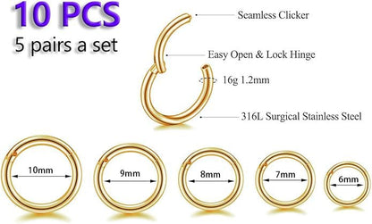 HQLA 16G Surgical Steel Hinged Clicker Segment Nose Rings Hoop Helix Cartilage Daith Tragus Sleeper Earrings Body Piercing for women 6mm 8mm 10mm 12mm 14mm - style: 16G - Gold - (6/7/8/9/10mm) - 10Pcs)