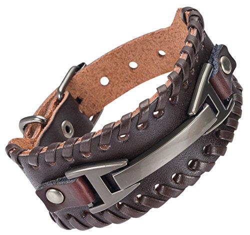 Leather Bracelet for Men Braided Stainless Steel Mens Bracelets - color: Brown 1