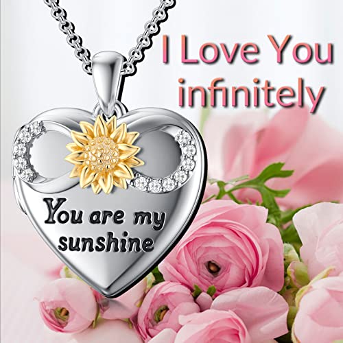 SOULMEET 10K 14K 18K Solid White Gold/Silver Minimalist Style/Infinity Sunflower Heart/Oval Locket Necklace That Holds 1 or 2 Pictures Personalized Photo Locket Necklace Letters Engraving - style: D-Infinity sunflower locket only