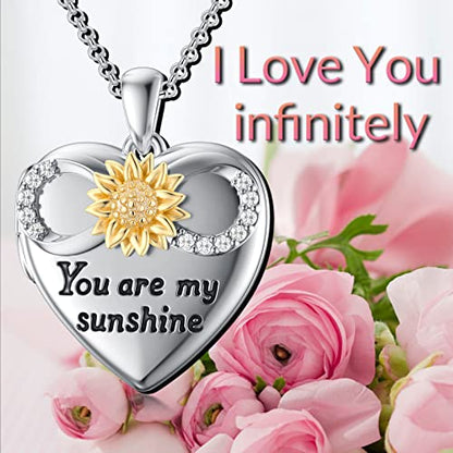 SOULMEET 10K 14K 18K Solid White Gold/Silver Minimalist Style/Infinity Sunflower Heart/Oval Locket Necklace That Holds 1 or 2 Pictures Personalized Photo Locket Necklace Letters Engraving - style: D-Infinity sunflower locket only