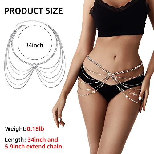 Rhinestone Body Chains Jewelry For Women And Girls Sexy Belly Waist Chain Bikini Beach Accessories Suitable for a Variety of Carnival scenes - style: Medium-34INCH Silver