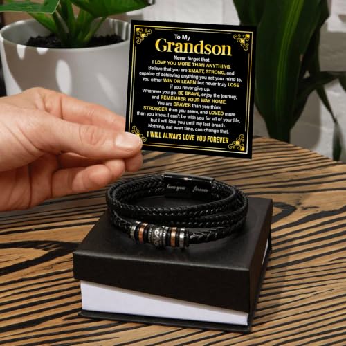 To My GrandSon Bracelet – Love You Forever Braided Leather Bracelet, Meaningful GrandSon Gift from Grandpa & Grandma with Heartfelt Message Card & Elegant Gift Box for Birthday, Christmas - color: Version#2