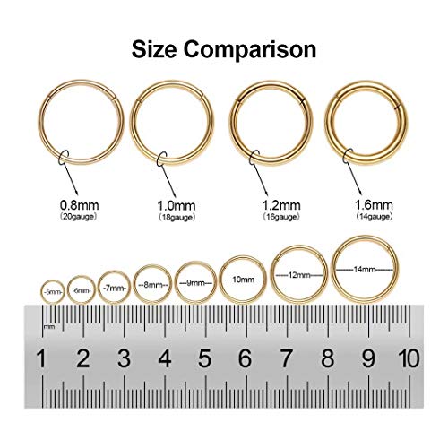 Nose Rings Hoop, 316L Surgical Steel 20G 18G 16G 14G Hypoallergenic Nose Rings Septum Cartilage Hoop Earring Conch Piercing Jewelry for Women, Diameter 5mm to 14mm, Gold, Rose Gold, Silver, Black - style: 1pcs, Gold, 16g, Diameter: 12mm