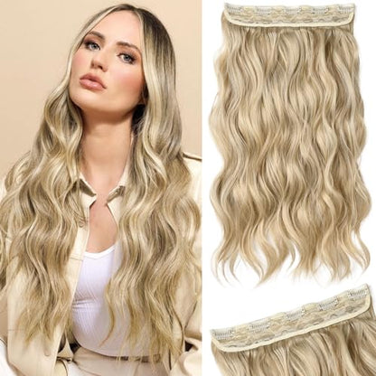 REECHO Clip in Hair Extensions, 20” One Piece Hair Extension Clip in Wefts Long Thick Beach Wavy Natural Soft Synthetic Hairpieces for Women, Dark Ash Blonde - color: Dark Ash Blonde - Wavy, size: 20 Inch (Pack of 1)