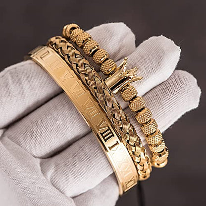 3pcs/set Classical Handmade Braiding Bracelet Hip Hop Men Pave CZ Leopard Head Roman Numeral Bracelet Stainless Steel Jewelry - color: 3pcs C Crwon Gold