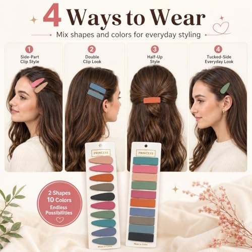 Bphne 20 Pcs Matte Non-Slip Snap Hair Clips for Women, Solid Teardrop & Rectangle Barrettes, Small Metal Pins for Thin Fine Hair, No Crease Lightweight for Everyday Makeup - color: Solid