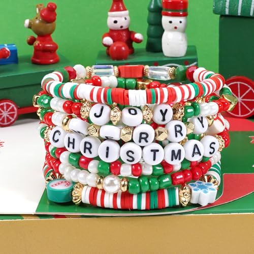 Ardorchid Halloween Bracelets for Women Pumpkin Ghost Steleton Bat Skull Beaded Stackable Stretchy Bracelet Rugby Thanksgiving Christmas Heishi Bracelets - color: Christmas Bracelets-4