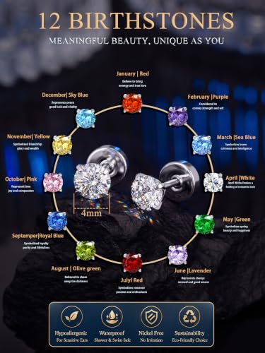 Fansilver 20G Hypoallergenic Flat Back Earrings for Women Men Silver 14K Gold Stainless Steel Stud Earrings Birthstone Cubic Zirconia Studs Surgical Steel Cartilage Earrings for Sensitive Ears - color: Silver Multi