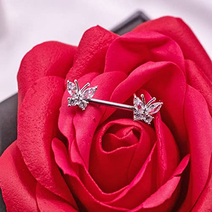 VERAMI 14G Stainless Steel Heart Nipple Rings and Barbell - Butterfly, Starlight Acrylic Ball, Tongue Rings for Women and Men - color: CZ-BUTTERFLY