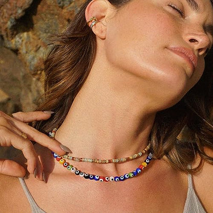 Aobei Pearl Gemstone Beaded Choker Necklace for Women Boho Turquoise/Cultured Freshwater Pearls/Garnet/Amazonite Jewelry - color: N Colorful Evil Eye