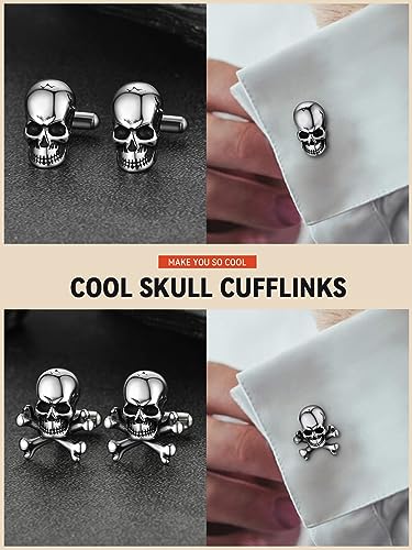 FaithHeart Mens Cufflinks, Norse Viking Tuxedo Shirt Cuff Links, Stainless Steel Cuff Links and Shirt Studs, Gift Box - style: 05. Skull Head-Silver