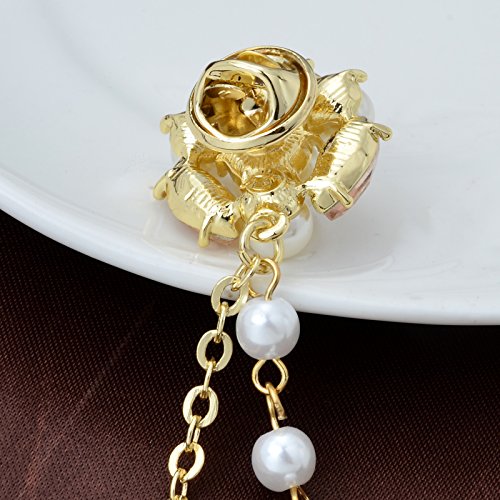 Champagne Tone Crystal Pearl Daisy Flower Brooches Pins with Pearl Chain Tassel Sweater Guard Clip Pin