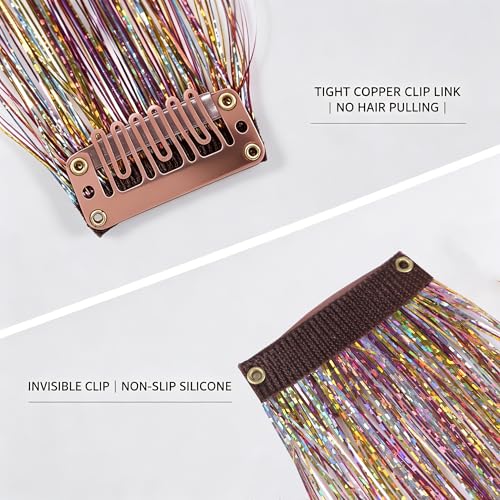 CELINABELLA Clip In Hair Tinsel 12 Pack 3 Colors Emerald Aqua Midnight Orchid 23 Inch 70 Strands Heat Resistant 320°F Invisible Light Brown Clips For Women Teens Party Festival Daily Hairstyles - color: Blue-Green-Purple