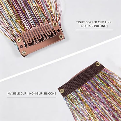 CELINABELLA Clip In Hair Tinsel 12 Pack 3 Colors Emerald Aqua Midnight Orchid 23 Inch 70 Strands Heat Resistant 320°F Invisible Light Brown Clips For Women Teens Party Festival Daily Hairstyles - color: Blue-Green-Purple