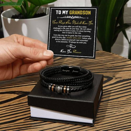 To Our Grandson Bracelet from Grandpa and Grandma - Love You Forever Engraved Leather Wristband with Inspirational Message Card - Sentimental Birthday Graduation Gift for Men, Teen - color: Version-11