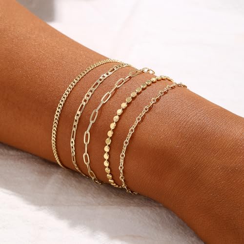 Cuzmly Bracelets for Women, Waterproof 14K Gold/Silver Plated Stackable Bracelets for Women Non Tarnish Trendy Dainty Paperclip Figaro Box Herringbone Hand Chain Bracelet Pack Stack Adjustable Jewelry for Women - style: 5 Dot