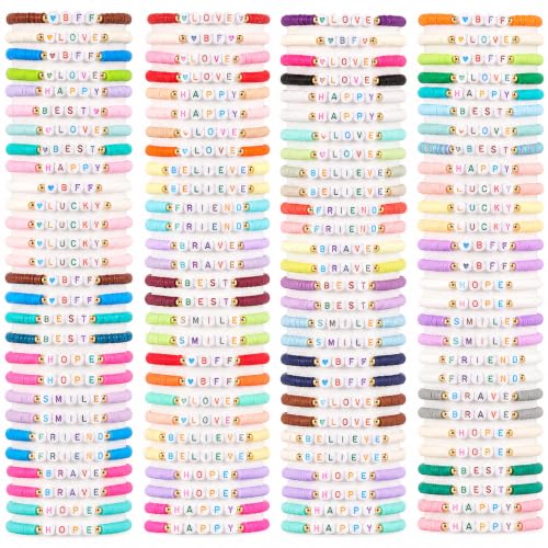 gisgfim 112 Pcs Beaded Friendship Bracelets Bulk Surfer Heishi Clay Stretch Y2K Bracelets Colorful Cute Boho Stackable BFF Bestie Inspirational Jewelry for Women Summer Beach Party Favors Style - style: Word