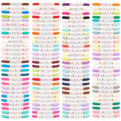 gisgfim 112 Pcs Beaded Friendship Bracelets Bulk Surfer Heishi Clay Stretch Y2K Bracelets Colorful Cute Boho Stackable BFF Bestie Inspirational Jewelry for Women Summer Beach Party Favors Style - style: Word