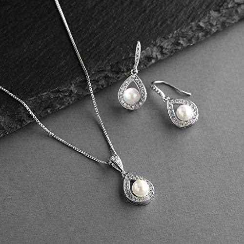 Mariell Pearl Necklace and Drop Earrings Wedding Jewelry Set for Brides, Bridesmaids, Birthday Gift - color: Silver