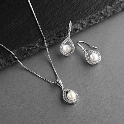 Mariell Pearl Necklace and Drop Earrings Wedding Jewelry Set for Brides, Bridesmaids, Birthday Gift - color: Silver