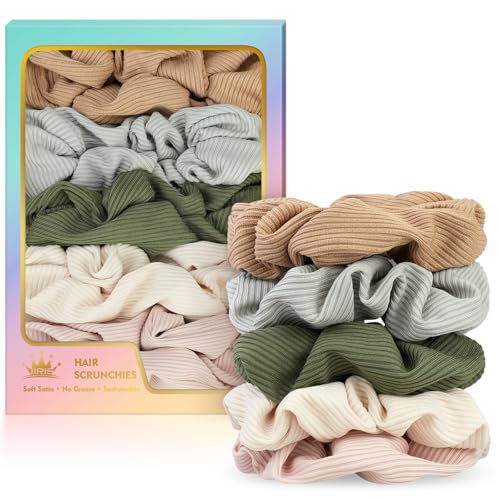 Ribbed Knit Scrunchies, Soft Stretchy Fabric Hair Ties, Neutral Solid Colors (Beige, Sage, Gray) No Crease for Women, Thick & Thin Hair, Everyday Casual & Workout Use - color: Set 16