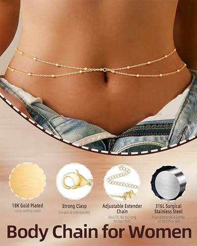 Hypoallergenic 18K Gold Waist Chains Set: 3 Pcs Waterproof 316L Surgical Stainless Steel Beaded Belly Body Chain Fashion Stomach Belt Hip Bikini Jewelry for Women - style: Gold - Beaded Waist