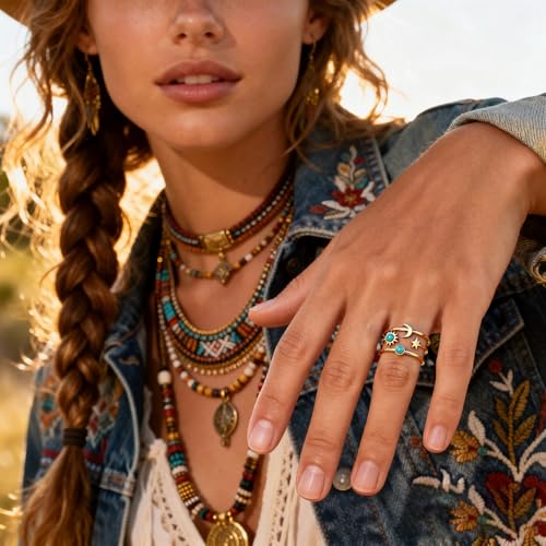 Todenb Turquoise Ring for Women，Gold Western Turquoise Open Ring Boho Stainless Steel Moon and Star Band Wrap Knuckle Rings Western Country Fashion Jewelry Accessories - color: two circle